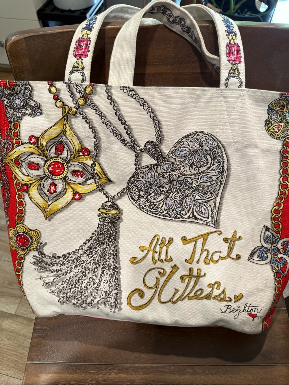 Brighton White Canvas Tote with Gold & Red Accent Jewelry Print